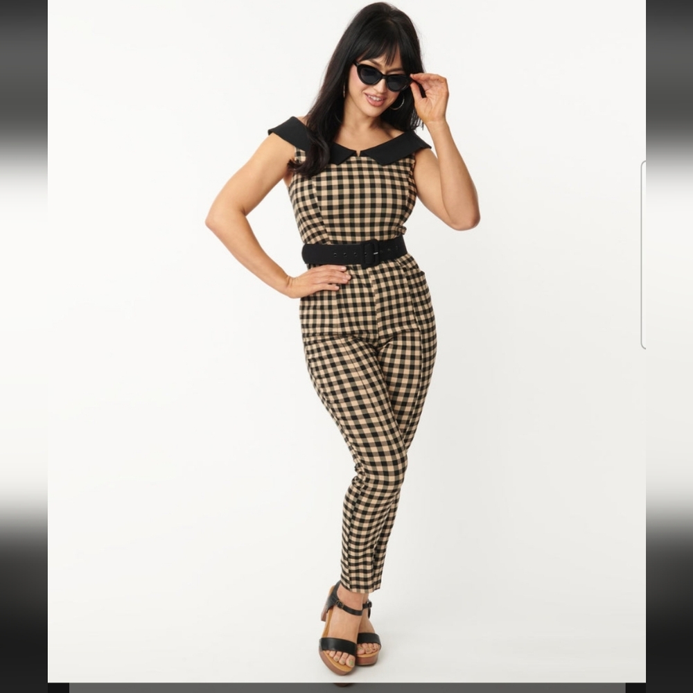 NWT. Gingham tan and black retro jumpsuit size 6-8 medium